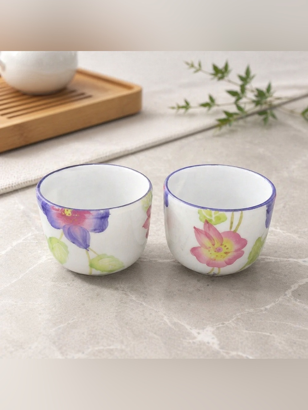 Hand-Painted Floral Ceramic Tea Cups — Set of 2
